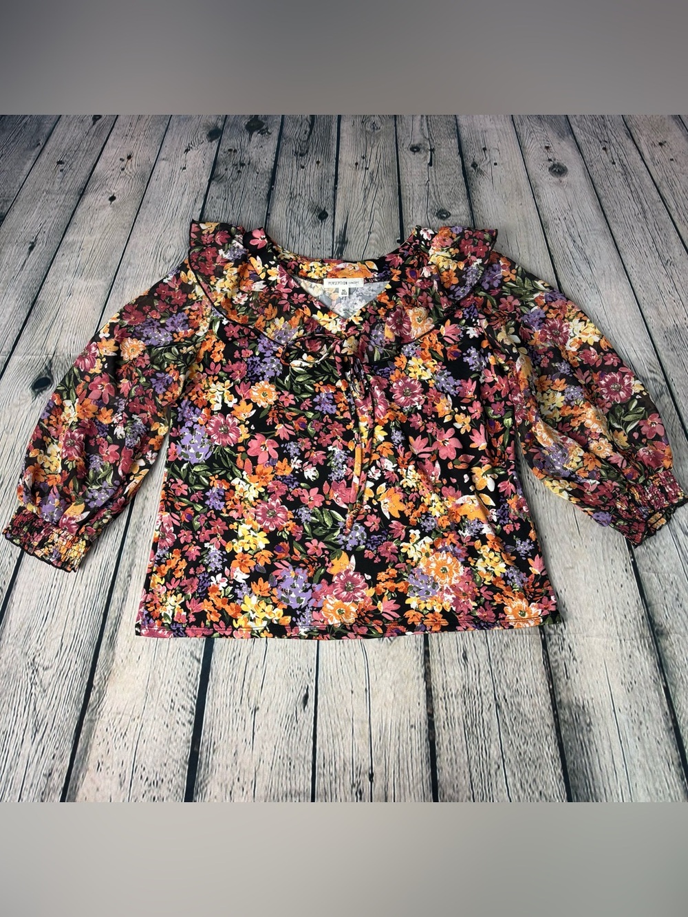 PerSeption Concept Black Floral Ruffle Neckline Blouse Sheer Sleeves Size XL